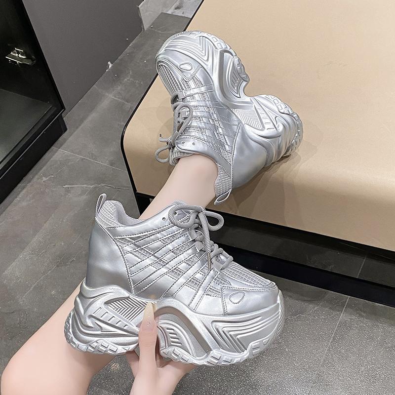 Fashion 2024 Spring Autumn Chunky Sneakers Women Bling Platform Sports Shoes Woman Goth Thick Bottom High Heels Female Leather Sneakers