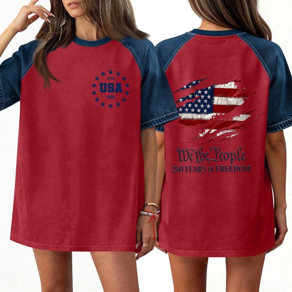 Denim Patchwork Shirts For Women Stand Collar Casual Blouse Short Sleeve Comfy Tshirt Spring Summer Fashion