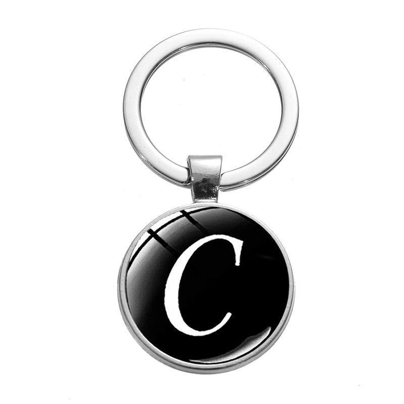 1PC A-Z Initial Name Letter Pendant Keychains Holder Round Alphabet Keyrings Art Photo Glass Cabochon Vintage Jewelry