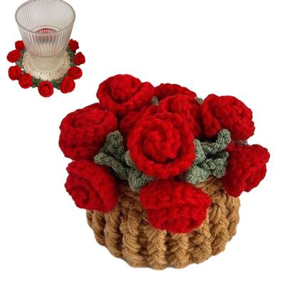 Suport de pahar cu flori croșetate Suport de pahar handmade cu trandafir Suport de pahar cu flori la ghiveci Buchet decorativ de trandafiri cu coș Cadou pentru familie prieteni iubitori de flori