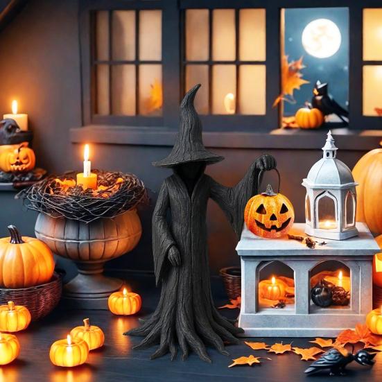 Halloween Witch Statue Gothic Enchanting Witch Figurine with Pumpkin Resin Tabletop Ornament for Haunted House Home Decor