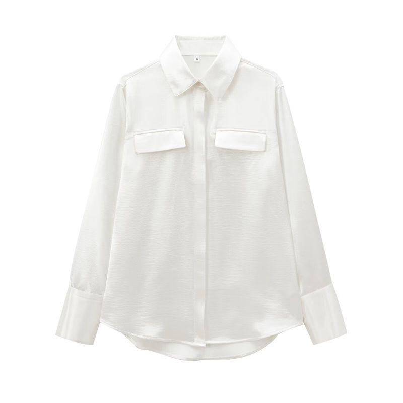 Kaslead New Arrival Women's Fashion Style Fashion Pocket Silk Satin Texture Long Sleeves Shirt 8987213