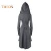 Women Cosplay Dress Gothic Solid Color Lace-up Strap Slim Waist Irregular Hem Hooded Long Sleeves Theme Parties Role-Playing Festival Halloween Midi