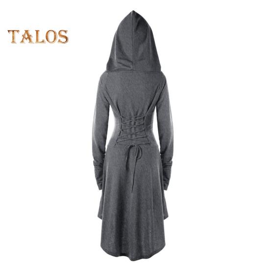 Women Cosplay Dress Gothic Solid Color Lace-up Strap Slim Waist Irregular Hem Hooded Long Sleeves Theme Parties Role-Playing Festival Halloween Midi