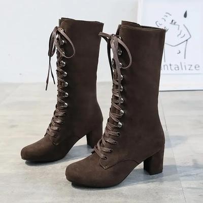 Winter Women Boots Shoes Fashion Vintage Lace-up Boots Women Round Cowboy High Heels Booties Shoes Woman Botas Mujer