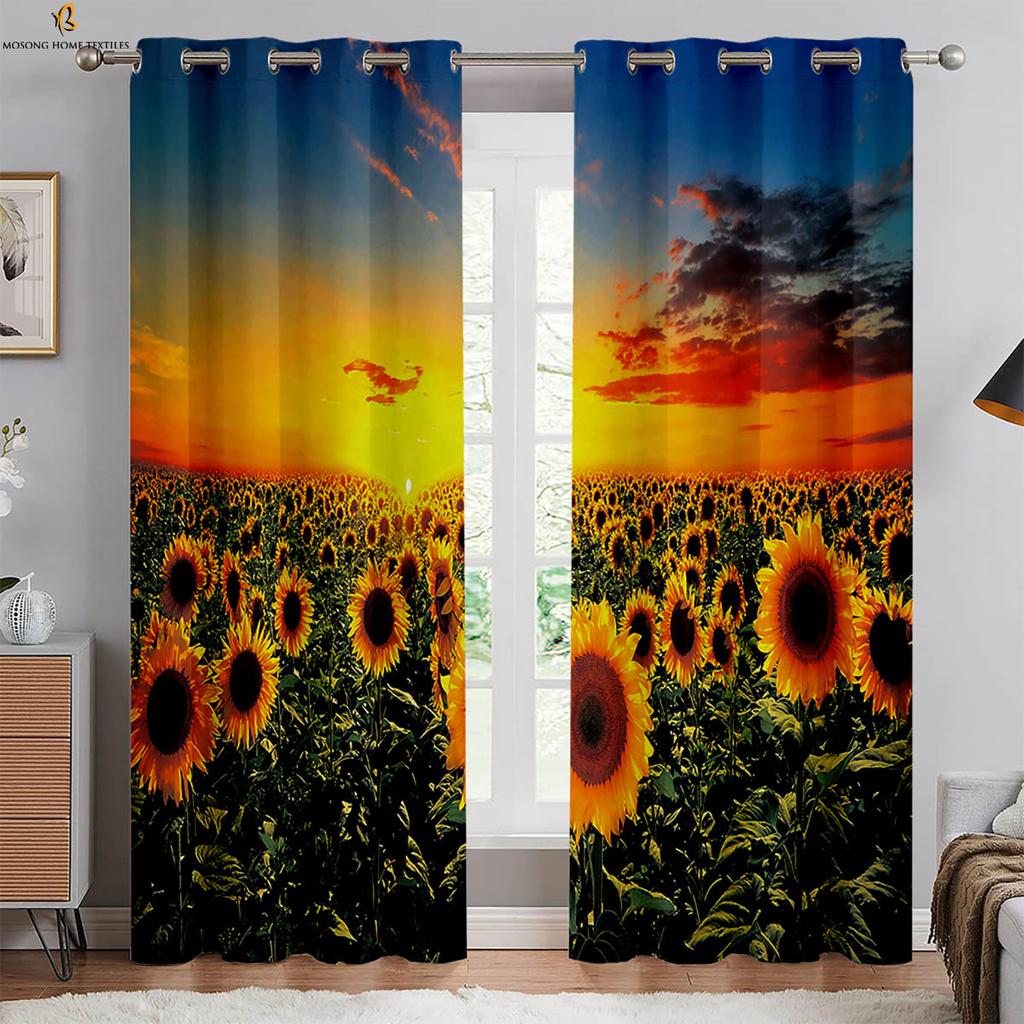Floral Sunflower Print Curtains Yellow Pastoral Style Curtains Study Bedroom Living Room Decorative Curtains Easy To Wash 2PCS