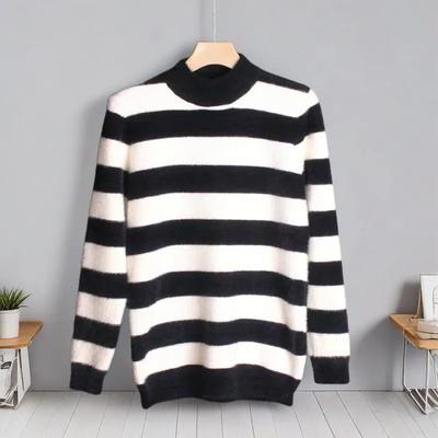 Women's Imitation Mink Fleece Round Neck Striped Winter Thickened Casual Tight Knit Sweater Warm Personality Sweater