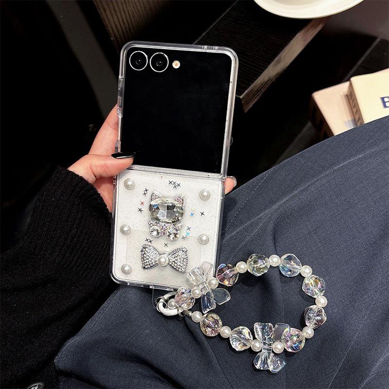 Compatible Samsung Z Flip7 Rhinestone Cat Case with Z Fold8 Pearl Crystal Chain Transparent Glitter.