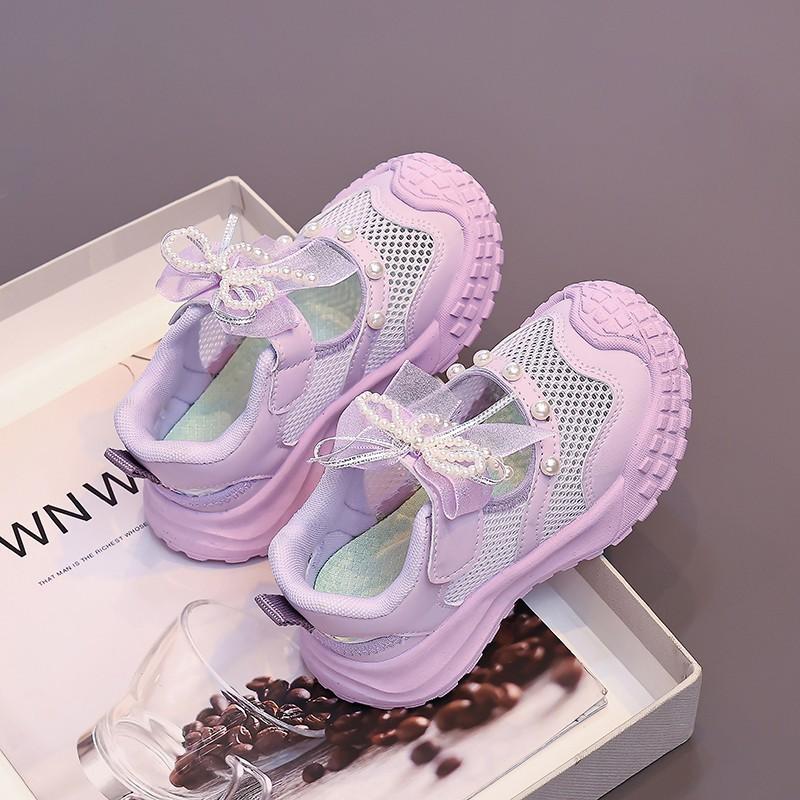 Kids Girls Breathable Mesh Pearl Bow Knot Closed Toe Sports Summer Sandals 26