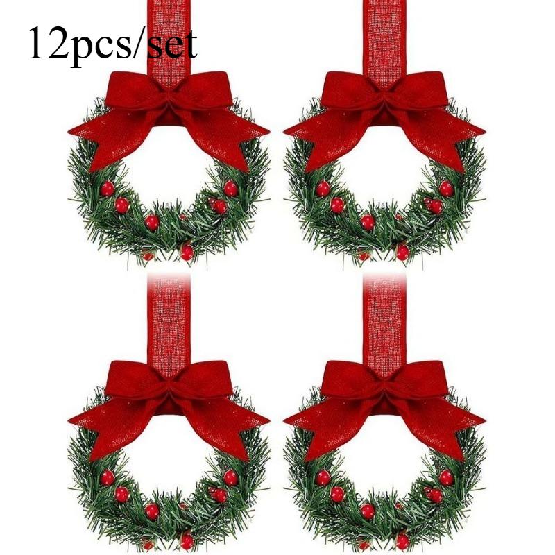 

1pcs Christmas Cabinet Wreath Kitchen Decor with Ribbon Bow Red Berries Small Window Wreath Plastic Holiday Party Decoration 13x55cm