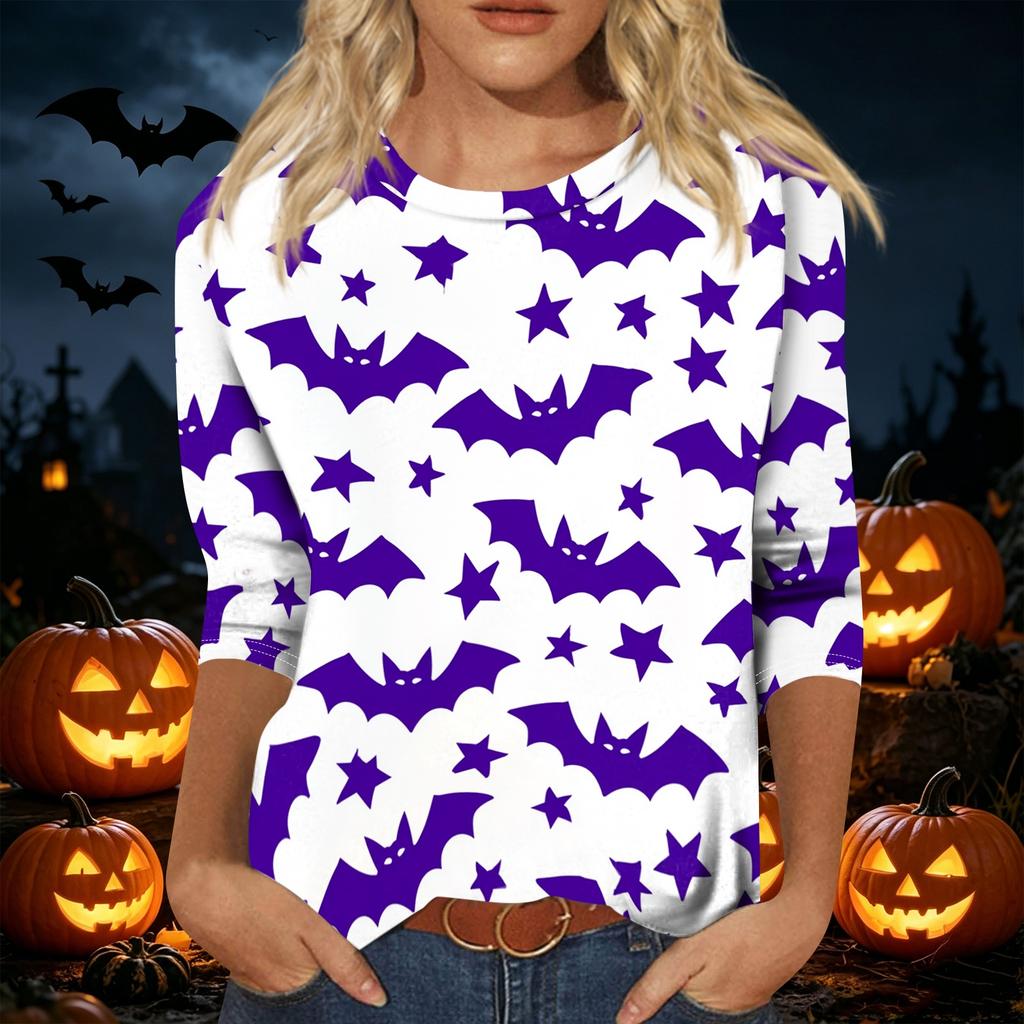 Women's Casual Three Quarter Sleeve Halloween Theme Printed Crew Neck Top Relaxed Fit Soft Material Holiday Blouse Shirt