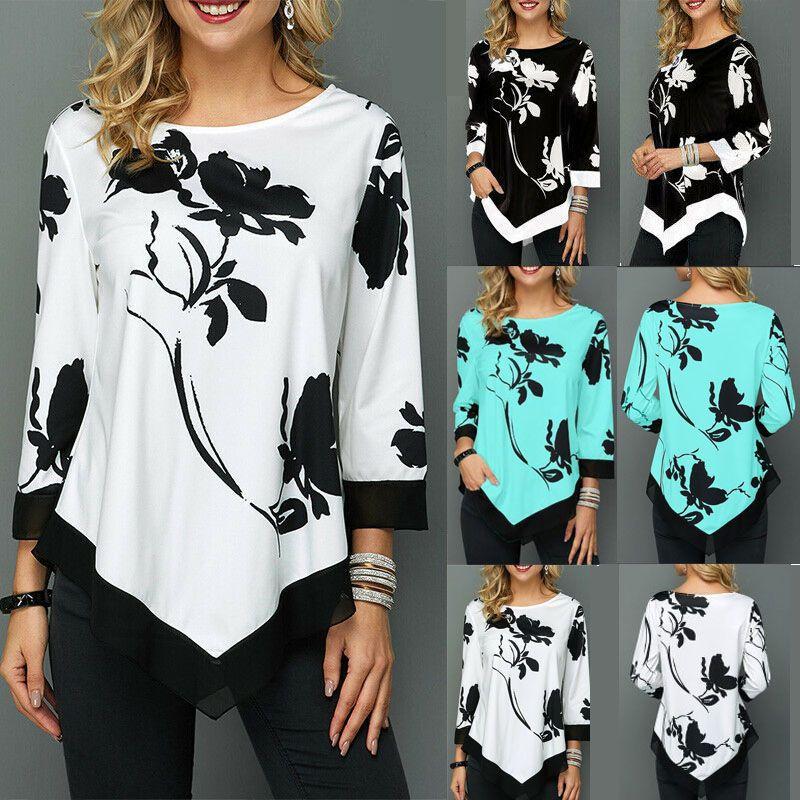 Irregular Women Floral Blouse Tee Ladies Long Sleeve Casual Loose Tshirt S5xl