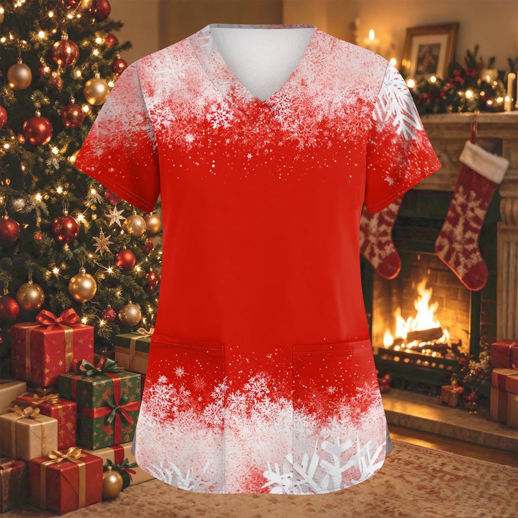 Women's Christmas Print V-Neck Short Sleeve Work Shirt with Pockets Caregiver Uniform Top