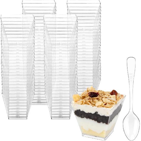 Colovis Mini Dessert Cups, 100 CT 2oz Clear Plastic Parfait Appetizer Cups with Spoons Mini Square Dessert Bowls for Serving, Tasting (100)