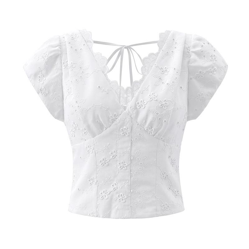 Women s Retro White Puff Sleeve V-Neck Jacquard Embroidery Top Small белый