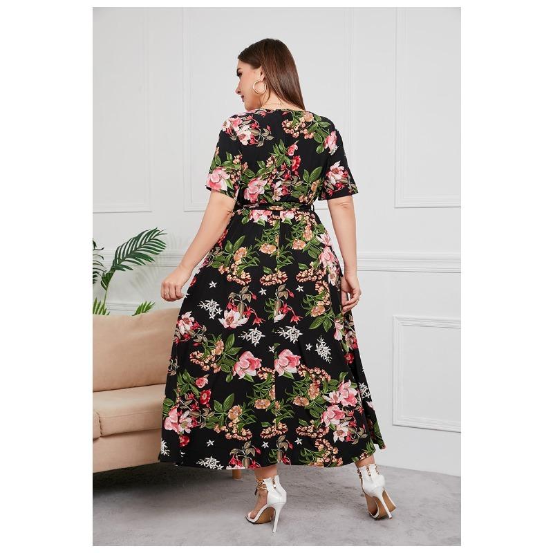 Summer Women Dress Short Sleeve High Waist V-Neck Midi Dress Plus Size Sexy Temperament Print Dress