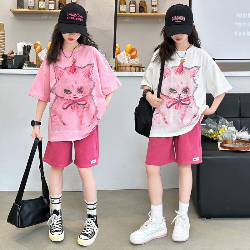 Girls' Summer Casual Set New Korean Style Fashionable Loose Girls' Summer Short Sleeved Shorts Set