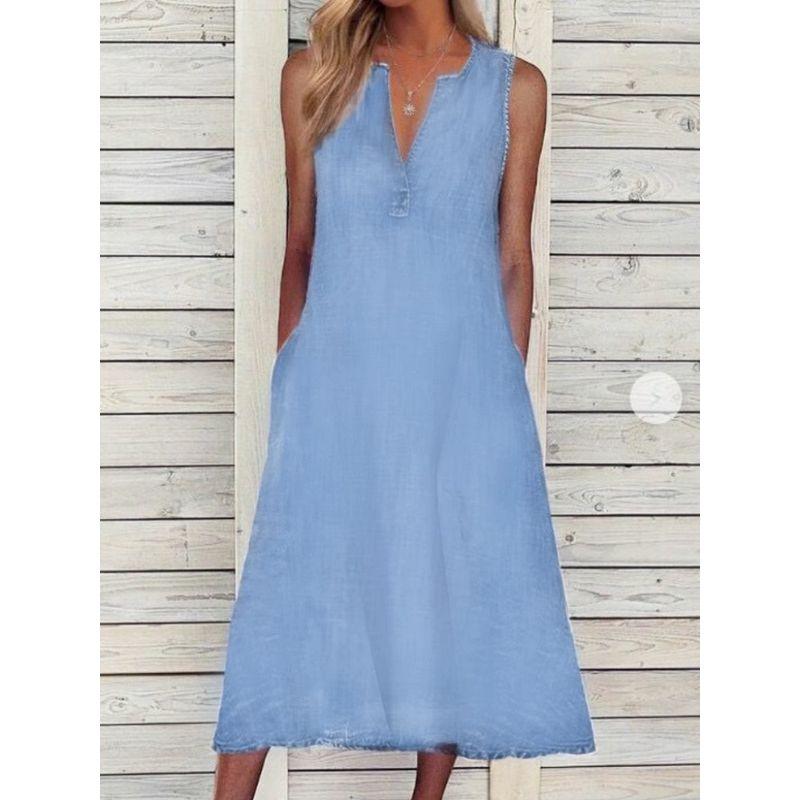 

Fashion Wind Fashion Elegant Spring and Summer New Arrival High Waist Slim Looking A- line Printed V Neck Loose Casual Denim Dress Blue S