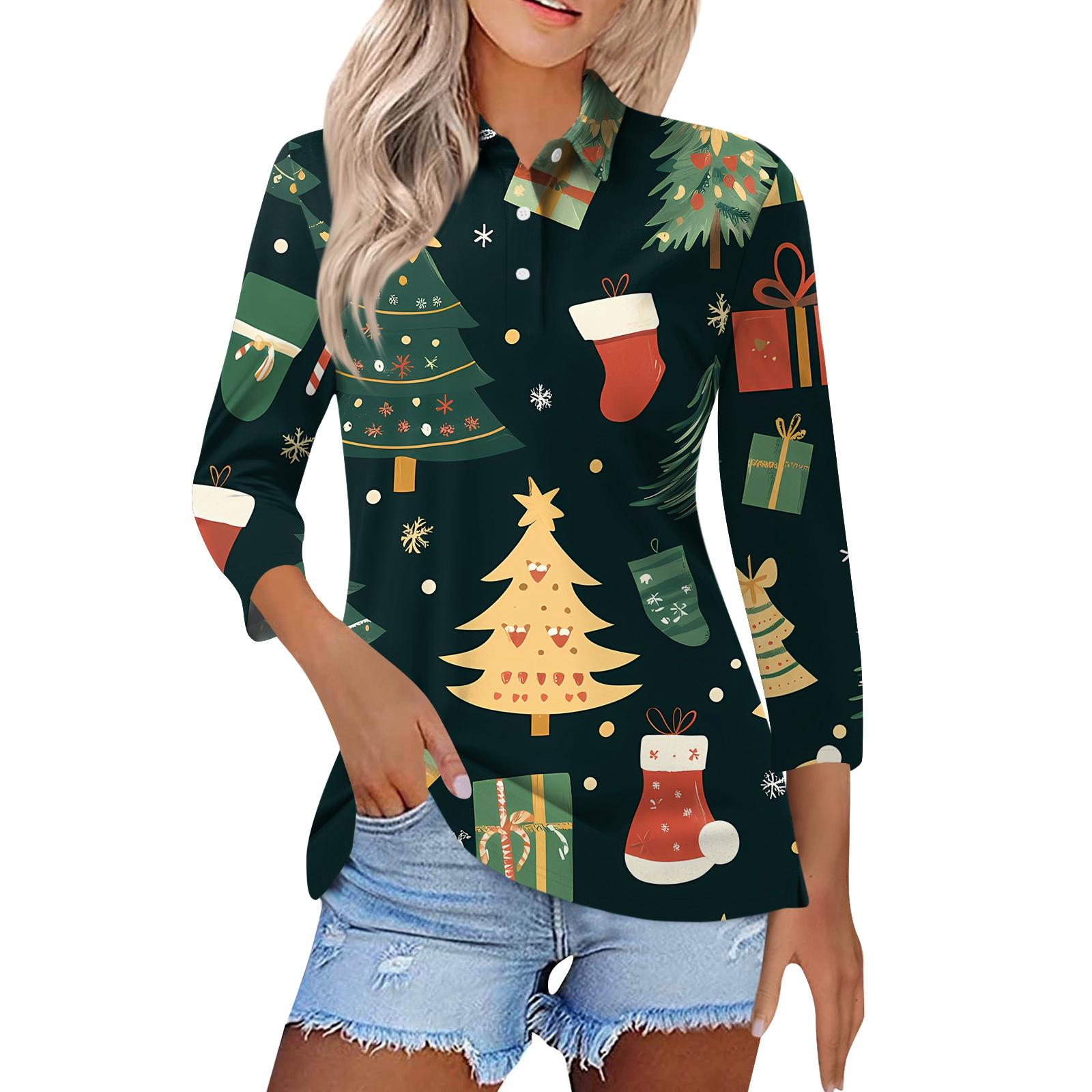 

Women s Fashion Casual Lapel Short 3/4 Sleeve Christmas Print Shirt Women s Button Up Tops L