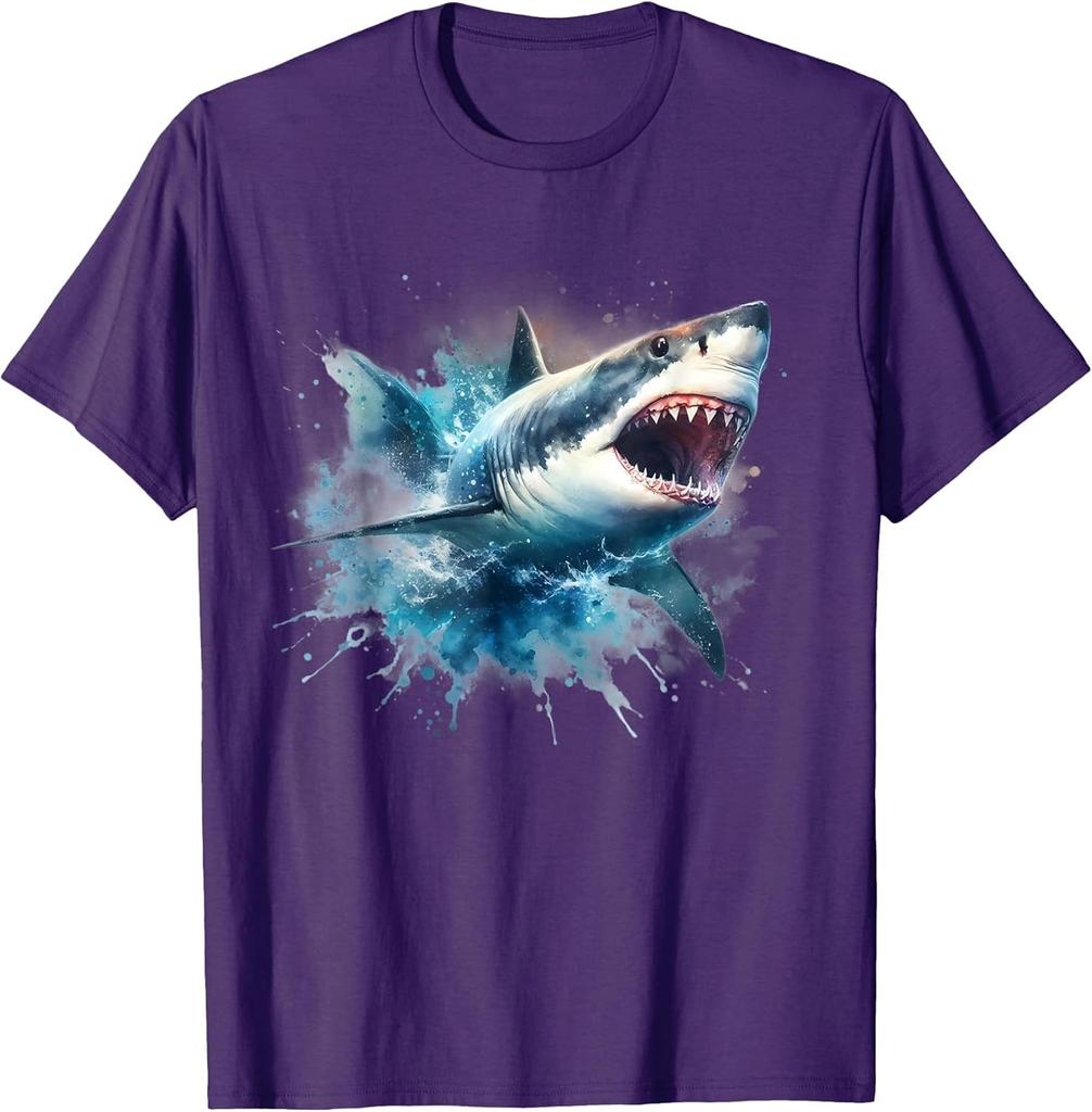 Great White Shark Splashing Water Graphic Tee Breathable Cotton Short Sleeve TShirt