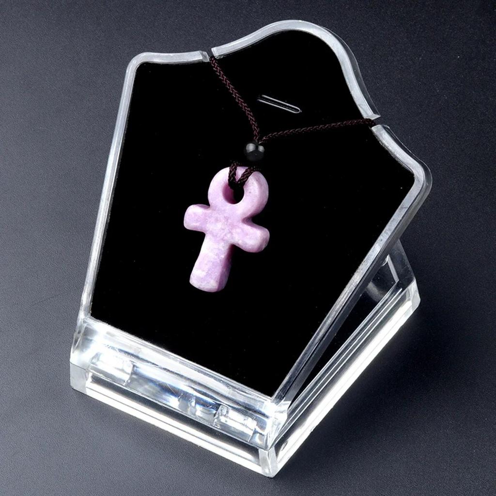 AnKa náhrdelník z přírodního kamene křišťálové acháty Crux Ansata křížový přívěsek pro ženy dárkový řetízek k narozeninám 32cm