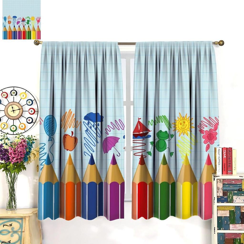 Kids Cartoon Pencil Curtains Colorful Crayons Art Printed School Curtain Nursery Bedroom Living Room Home Polyester With Rod Pocket Washable Sitting