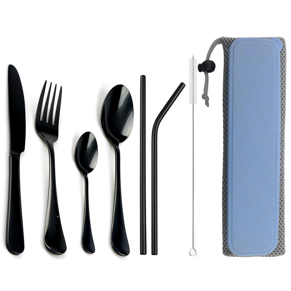 Portable Dinnerware Set Knife Fork Spoon Metal Straw Cutlery Set Tableware With Box Bag For Travel Hiking Picnic Dinner Set