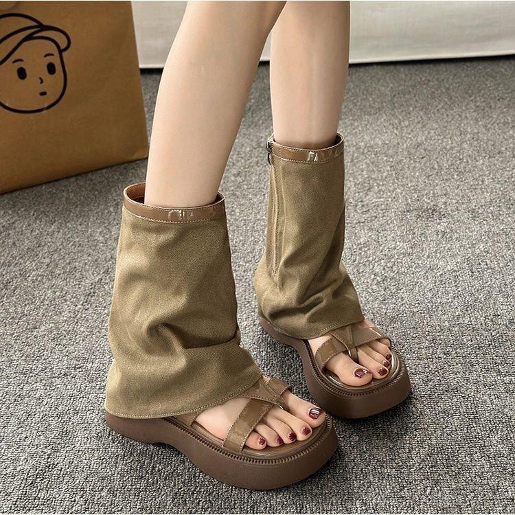 Niche thick-soled heightening niche Roman shoes 2025 summer new sandals women's toes retro cool boots short boots pant boots
