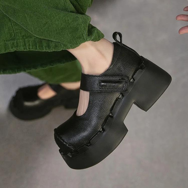 Johnature Genuine Leather Thick Soled High Heels Pumps Fashion Round Toe Women's Platform Shoes