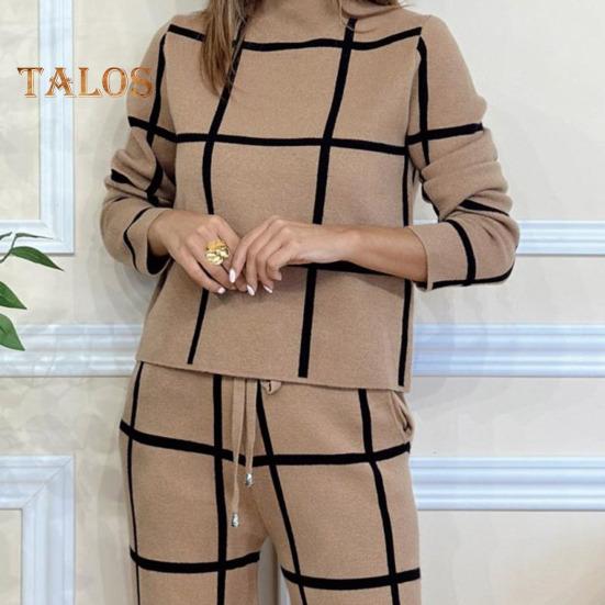 2 pezzi/set pantaloni da donna, top e pantaloni, colletto alto, stampa scozzese, maniche lunghe, camicetta ampia, pantaloni larghi a vita alta elastici con tasche, OL