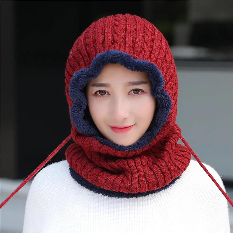WTEMPO Autumn Winter Knitted Pullover Hats Women Large Solid Color Ear Protection Outdoor Cycling Windproof Scarf Hats