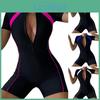 Solid Onepiece Womens Patchwork Color Flat Angle Short Sleeved Zippered Swimsuit
