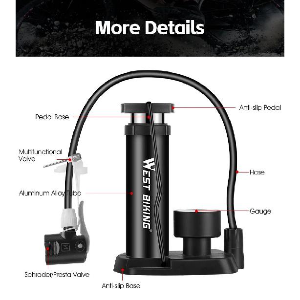 WEST BIKING Bike Foot Pump 160PSI High Pressure Portable Bicycle Tire Inflator with Gauge for Schrader Presta Valves MTB Bike