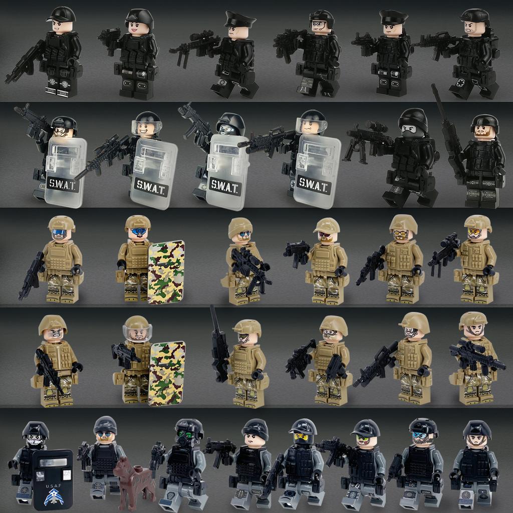 Confezione Meigao O-3 bambola polizia forze speciali con pistola tuta Geely giocattolo educativo per bambini con blocchi da costruzione assemblabili