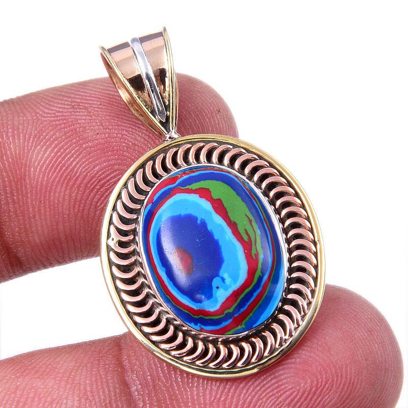 

Natural Rainbow Calcica Gemstone 925 Solid Silver Two Tone Pendant 1.25 R8T56