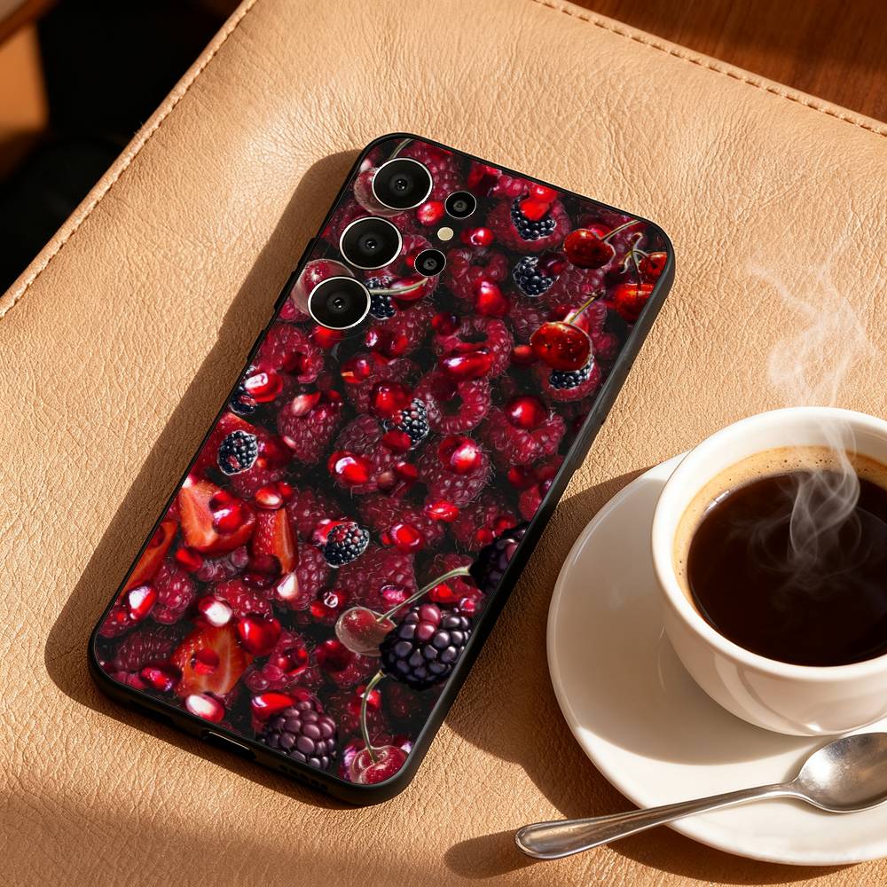 Red C-Cherry Pomegranate Raspberry Phone Case For Samsung S26,S25,S24,S21,S22,S23,S30,Ultra,S20,FE,Lite,10,9,Black Cover