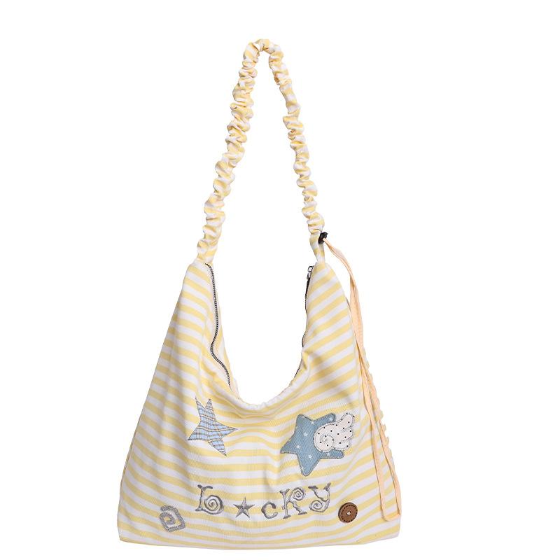Korean Style Striped Hobo Bag Women Cute Star Embroidered Shoulder Bag Large Capacity Ruched Strap Tote Bag Commut Crossbody Bag 34x10x30cm жёлтый