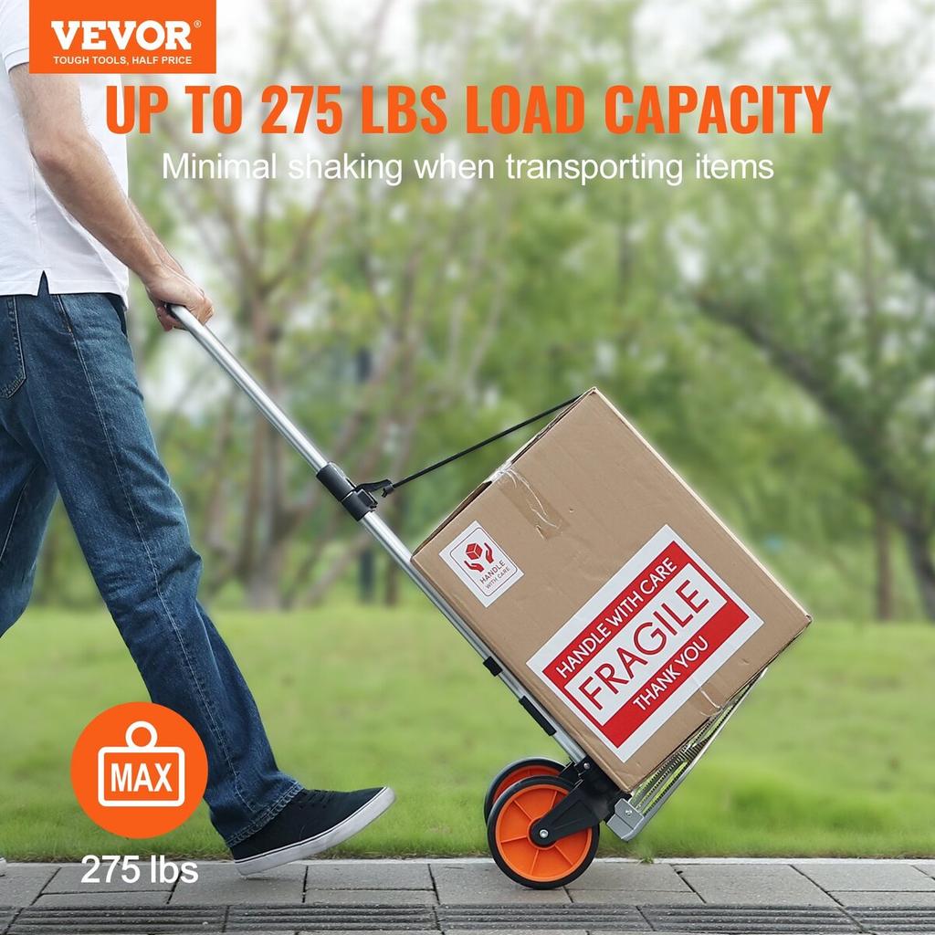 Folding Hand Truck, 275 lbs Load Capacity, Aluminum Portable Cart, Convertible Hand Truck and Dolly with Telescoping Handle and PP+TPR Wheels, Ultra