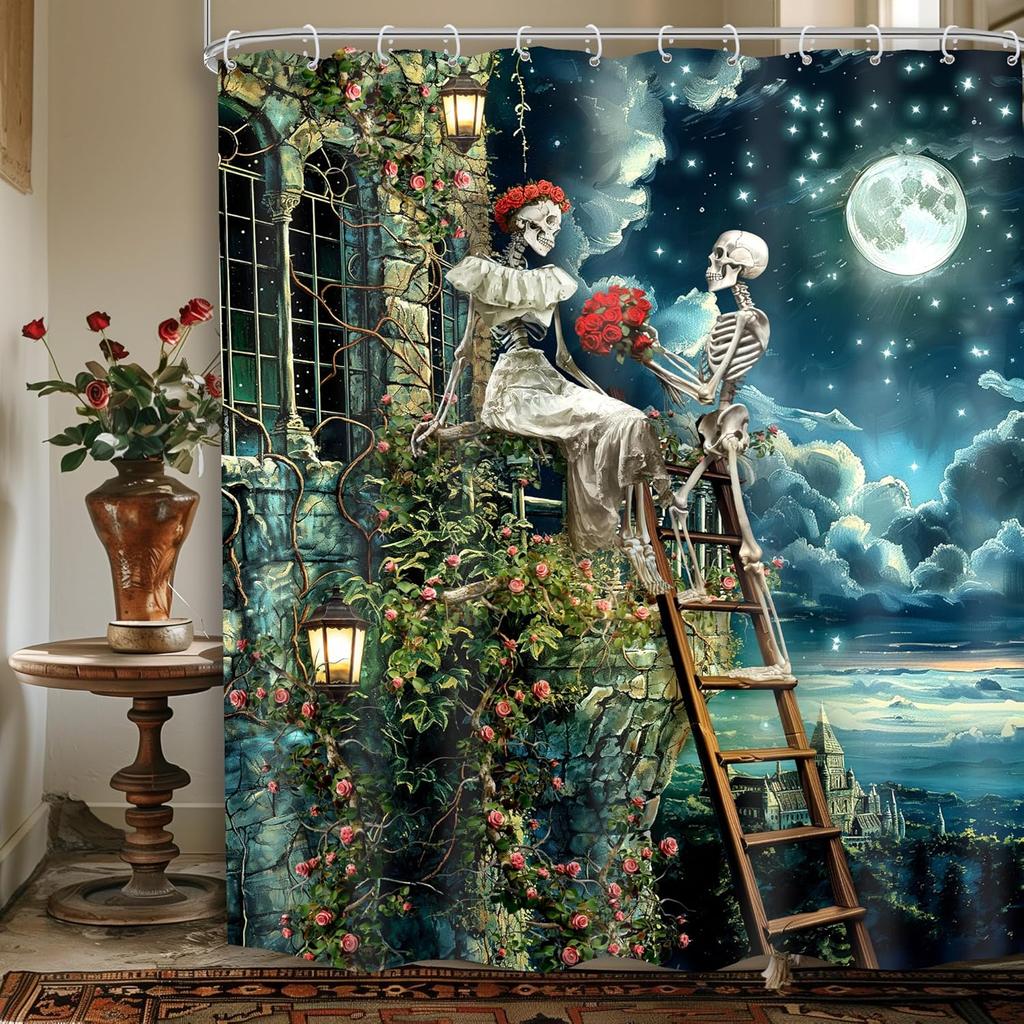 Dark Samurai Skeleton Waterproof Shower Curtain - Intricate Red Moon & Mountain Design for a Bold and Mysterious Bathroom Decor