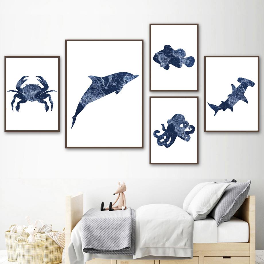 Blue Whale Shark Octopus Crab Fish Map Wall Art Canvas Painting Nordic Posters And Prints Wall Pictures For Baby Kids Room Decor