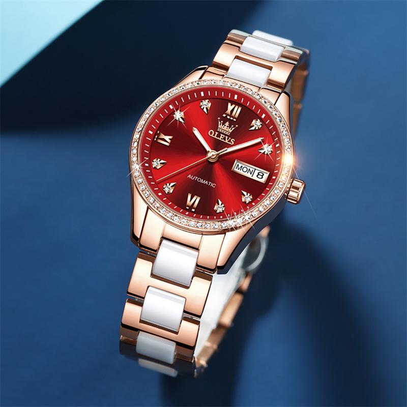 OLEVS Ceramics Women Watches Luxury Brand Diamond Automatic Mechanical Watch Ladies Waterproof Calendar Gift Reloj Muje
