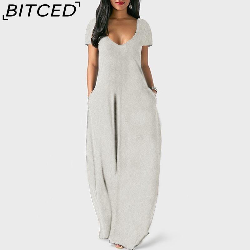 BITCED Summer Plus Size Women's Solid Colour Sensual Deep V-Neck Short-Sleeved Pocketed Maxi Dress