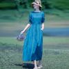 2025 Summer New Cotton and Linen Dress Women's Loose Temperament Thin Lace-up Round Neck Short-sleeved Long Dress Women