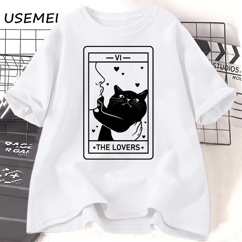 Tarot The Lovers T Shirt Cotton Short Sleeve Cat Lover T-shirt Crazy Cat Lady Graphic Tees Harajuku Casual Vintage Clothes Tees