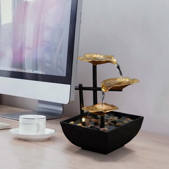 Tabletop Fountain USB Powered Small Waterfall Fountain with Rocks 3 Layers Lotus Relaxation Desktop Waterfall Decoration for Table Office Bedroom