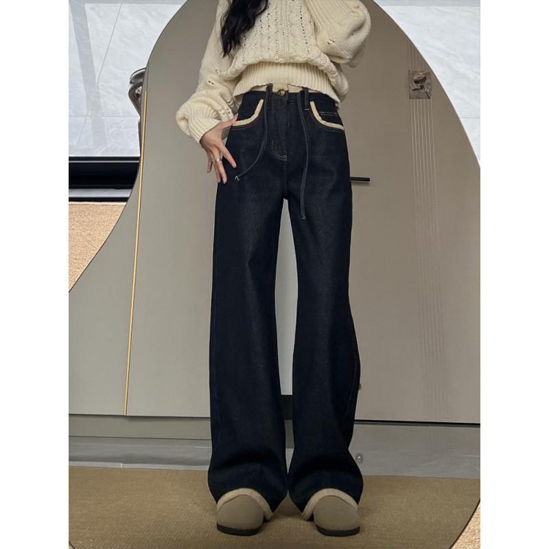 Retro Dark Blue Velvet-Lined Wide-Leg Jeans for Women - Winter 2024 Edition S (85-95 jin)