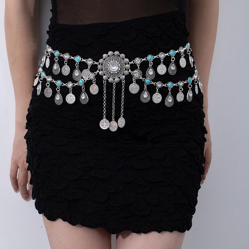 Ethnic Style Metal Retro Coin Waist Chain Women'S Adjustable Dress Waist Seal Love Butterfly Flower Fringed Belt
