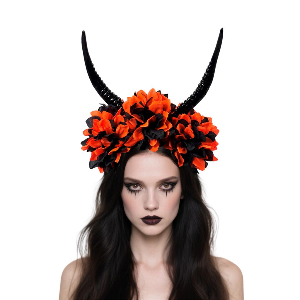 Halloweenská květinová čelenka s rohy antilopy Pryskyřičný kostýmní doplněk Kreativní pokrývka hlavy Rekvizity na večírky, hraní rolí