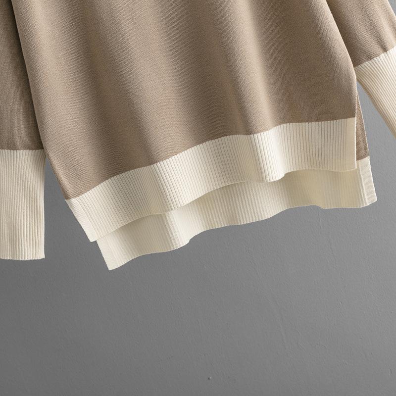 QICED Fashionable and Casual Women's Autumn and Winter V-neck Color-blocking Knitted Sweater and Loose Wide-leg Pants Two-piece Set