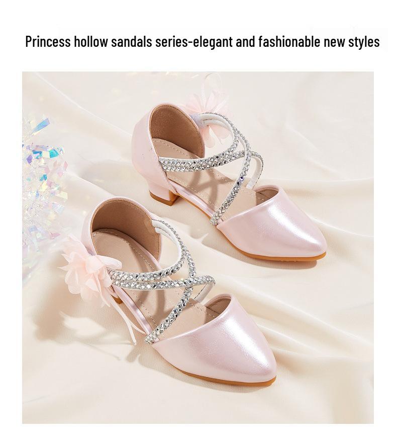 Girls' Pointed Toe Flower Princess Sandals - Chunky Heel, Hollow Design for Spring/Summer 2025